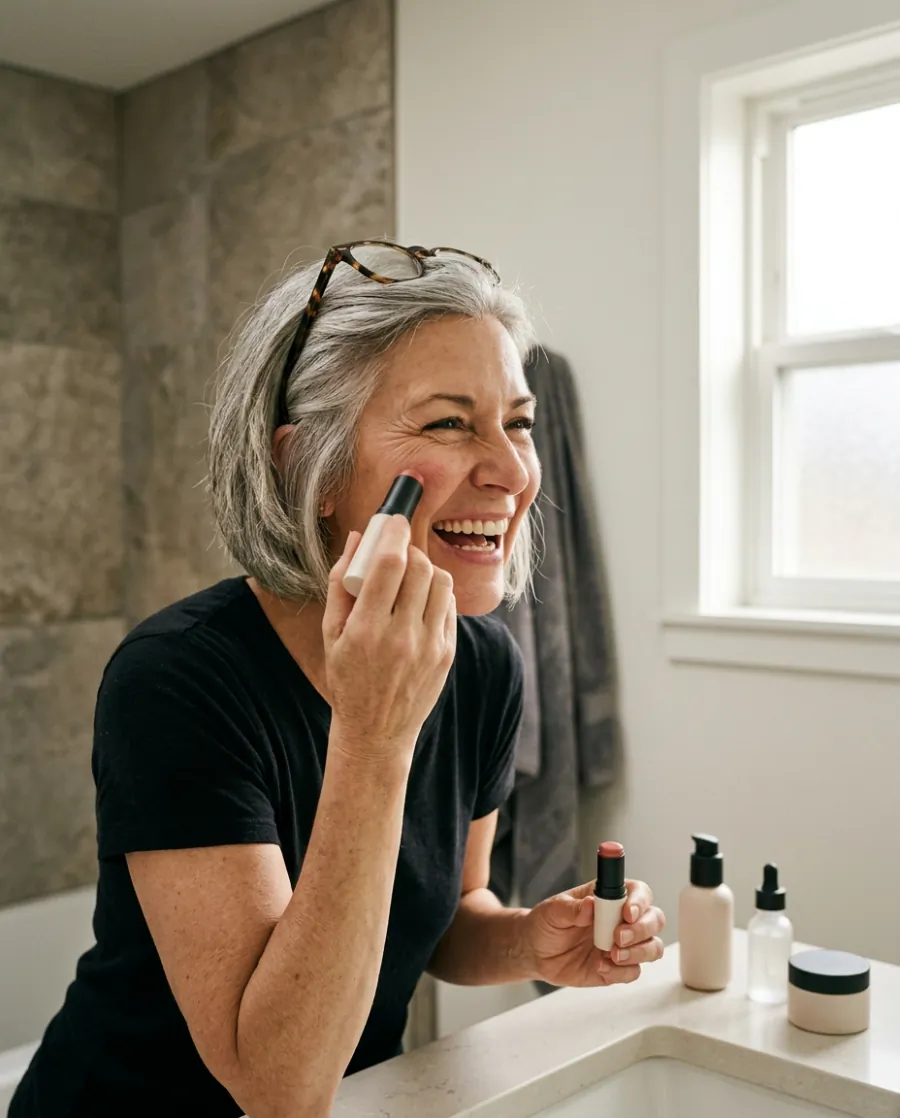 Frau mit silbernem Haar tupft lachend Blush auf die Wange