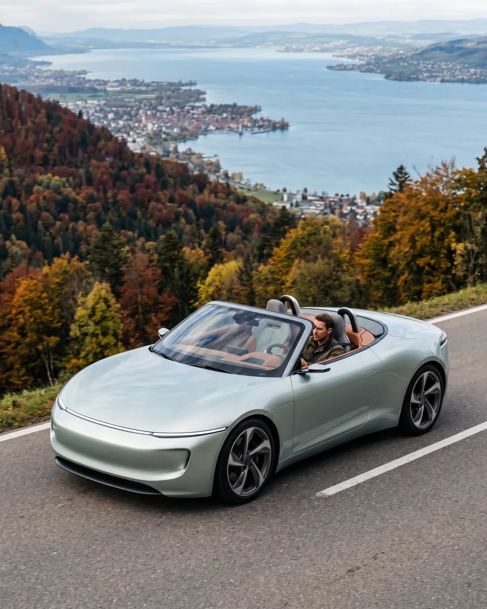 Der fertige Typ 1 auf einer kurvigen Bergstraße über dem Bodensee.